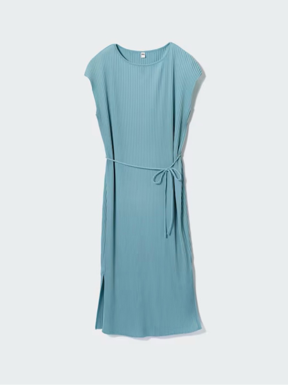 Uniqlo Pleated Midi Dress with Self-Tie Belt in Light Teal